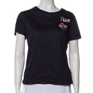 Sandro Dark Blue Tee with Floral Embroidery open back with tie med